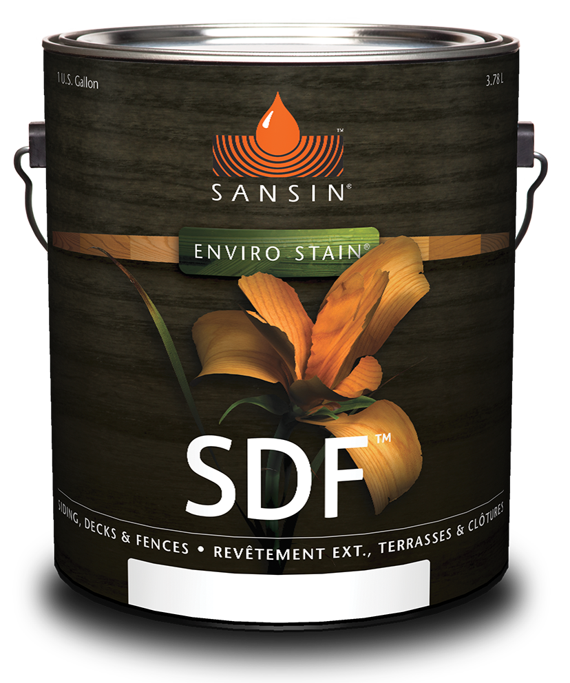 Paint can labeled 'Sansin Enviro Stain SDF' with floral design on a dark background