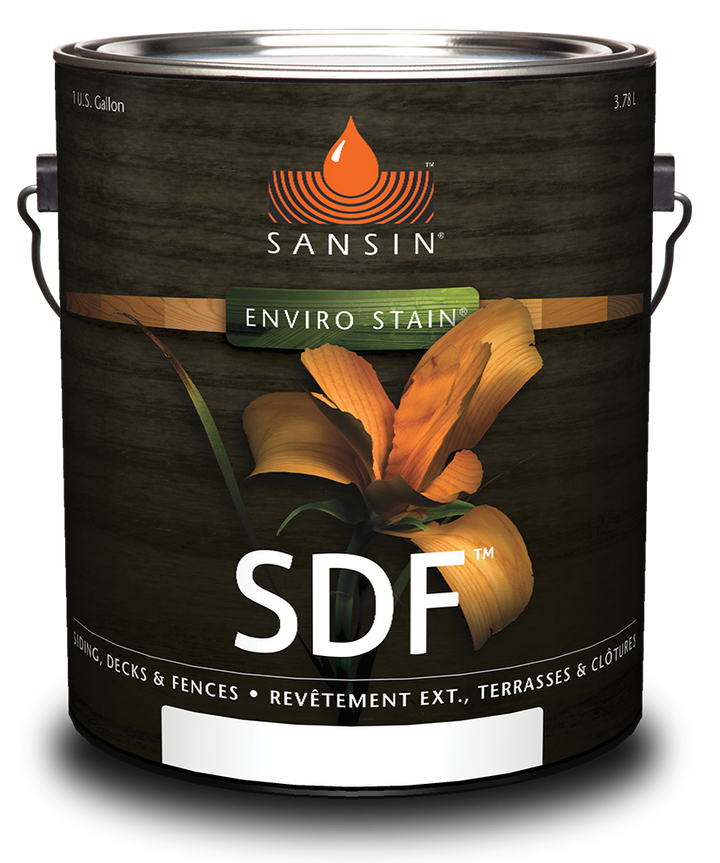 Paint can labeled 'Sansin Enviro Stain SDF' with floral design on a dark background